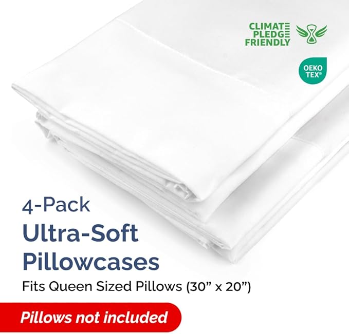 Queen Pillow Cases - 4 Pack - Super Soft Pillowcase Covers - Envelope Enclosure - Hotel Quality Pillow Protectors - Wrinkle Free, Fade, Shrink & Stain Resistant - Machine Washable - 20" x 30" (White)