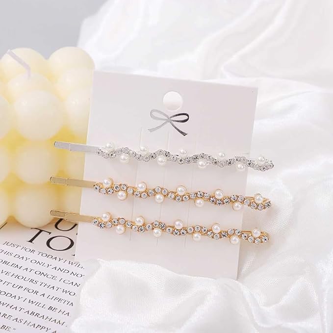 WHITEBRIDGE 8pcs Rhinestone and Pearl Bobby Pins Metal Hair Clips Sparkling HairClip for Women Girls Gold and Silver Diamond Hair Pins