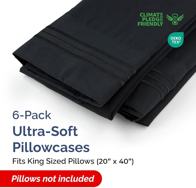 King Pillow Cases Set of 6 - Ultra Soft Hotel Quality Pillowcase Covers - Comfy & Wrinkle Free - Shrink, Stain and Fade Resistant - Easy-Care, Machine Washable Pillow Protectors - 6 Piece Set - Black