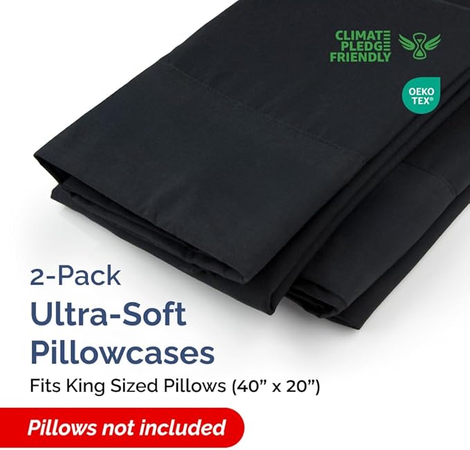 King Pillow Cases - 2 Pack - Super Soft Pillowcase Covers - Envelope Enclosure - Hotel Quality Pillow Protectors - Wrinkle Free, Fade, Shrink & Stain Resistant - Machine Washable - 20" x 40" (Black)