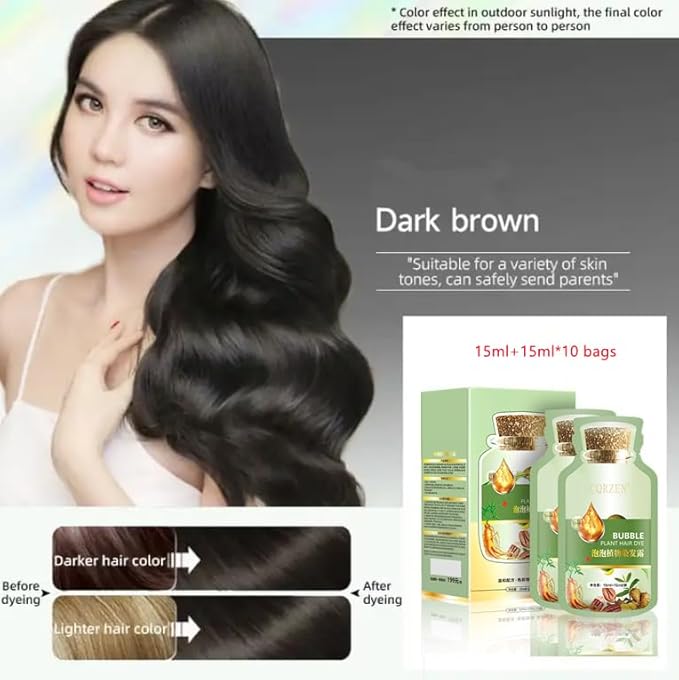 HUANG YI Natural Plant Hair Dye, New Botanical Bubble Hair Dye 30ml 10Packs/Box, Pure Plant Extract for Grey Hair Color Bubble Dye, New Botanical Bubble Hair Shampoo(Dark Brown)