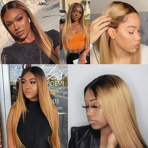Blonde Bundles Human Hair Ombre Straight Bundle Niegmeag Brazilian Virgin Remy Hair 3 Bundles 22 24 26 Inch 2 Tone Black and Honey Blonde Straight Bundle Double Weft Hair Weave 300g