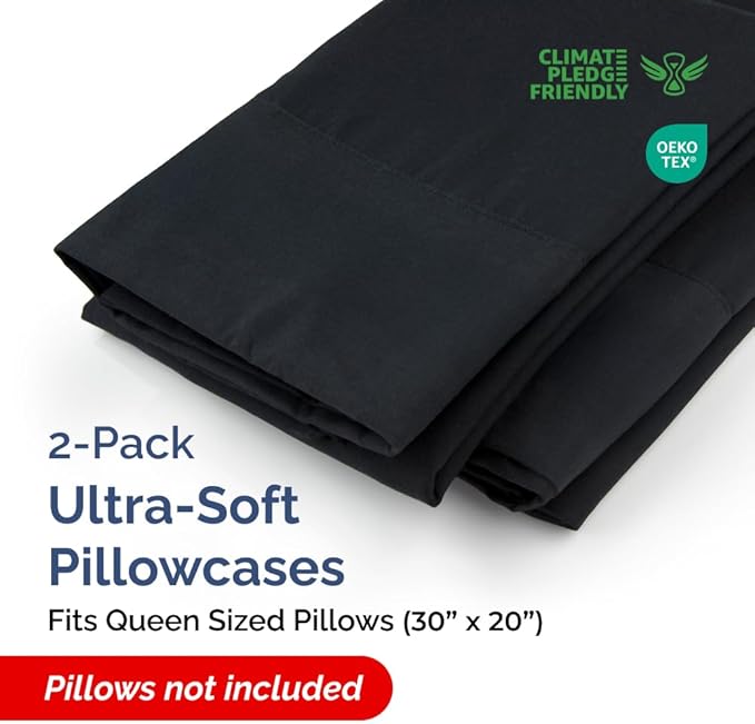 Queen Pillow Cases - 2 Pack - Super Soft Pillowcase Covers - Envelope Enclosure - Hotel Quality Pillow Protectors - Wrinkle Free, Fade, Shrink & Stain Resistant - Machine Washable - 20" x 30" (Black)