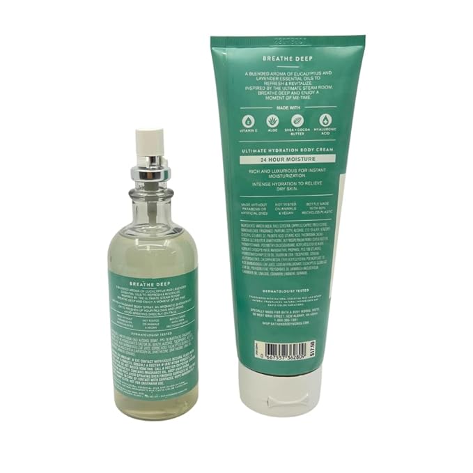 Bath & Body Works Aromatherapy Breathe Deep Eucalyptus & Lavender Gift Set with a Red Bow for Holidays & Gifts – Essential Oil Mist & Body Cream