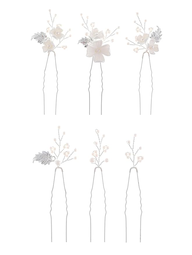 Handmade Pearl Bridal Wedding Hair Pins 6Pcs White Flower Gold Leaf Pearls Clips Bridal Hair Accessories for Women Brides Bridesmaid