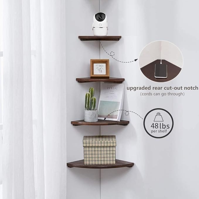 Corner Shelves, Floating Corner Shelf, Set of 2 10inch Solid Oak Wood Corner Wall Shelves, Round End with Wire Hole for Small Plant for Bedroom Kitchen, Living Room