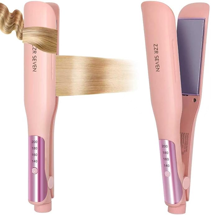 Hair Straightener, 1.25” Flat Iron and Curler 2 in 1, Ceramic Coating, Quick Heat Up, 4 Temp. Options, for All Hair Type, Less Frizz, Shinier and Smoother, Dual Voltage for Travel (Pink)