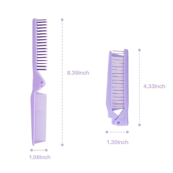 RHOS Brand Hair Comb, Double Head Folding Travel Hair Brush - Mini Pocket Size Comb for Women and Girls, Detangling Hair Comb for Purse, Bags, All Hair Types (Purple)