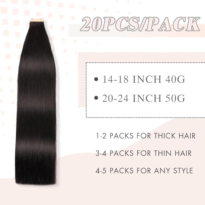 Human Hair Tape in Extensions Jet Black 18 Inch 20pcs Seamless Skin Weft Tape in Hair Extensions Double Sided Remy Invisible Human Hair Straight (1#,18 Inch)