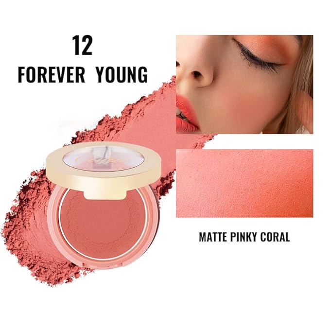 Oulac Blush Face Coral Matte | Pigmented Powdery Cream Blusher Warm Skin Light Medium| Natural Matte | Light Weight&Blendable| Cruelty-Free Blush| 12 Forever Young 4.8g