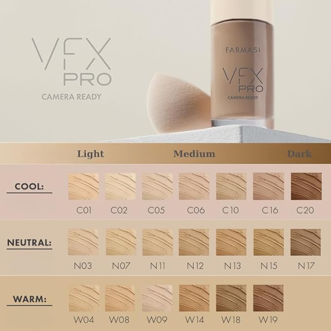 FARMASi Vfx Pro Foundation, Full Coverage Liquid Cream, Lightweight Long Lasting Coverage, Breathable Skin Moisturizer with Color True Matte Blending, Face Makeup, 1 fl. oz / 30 ml - Neutral Medium 13
