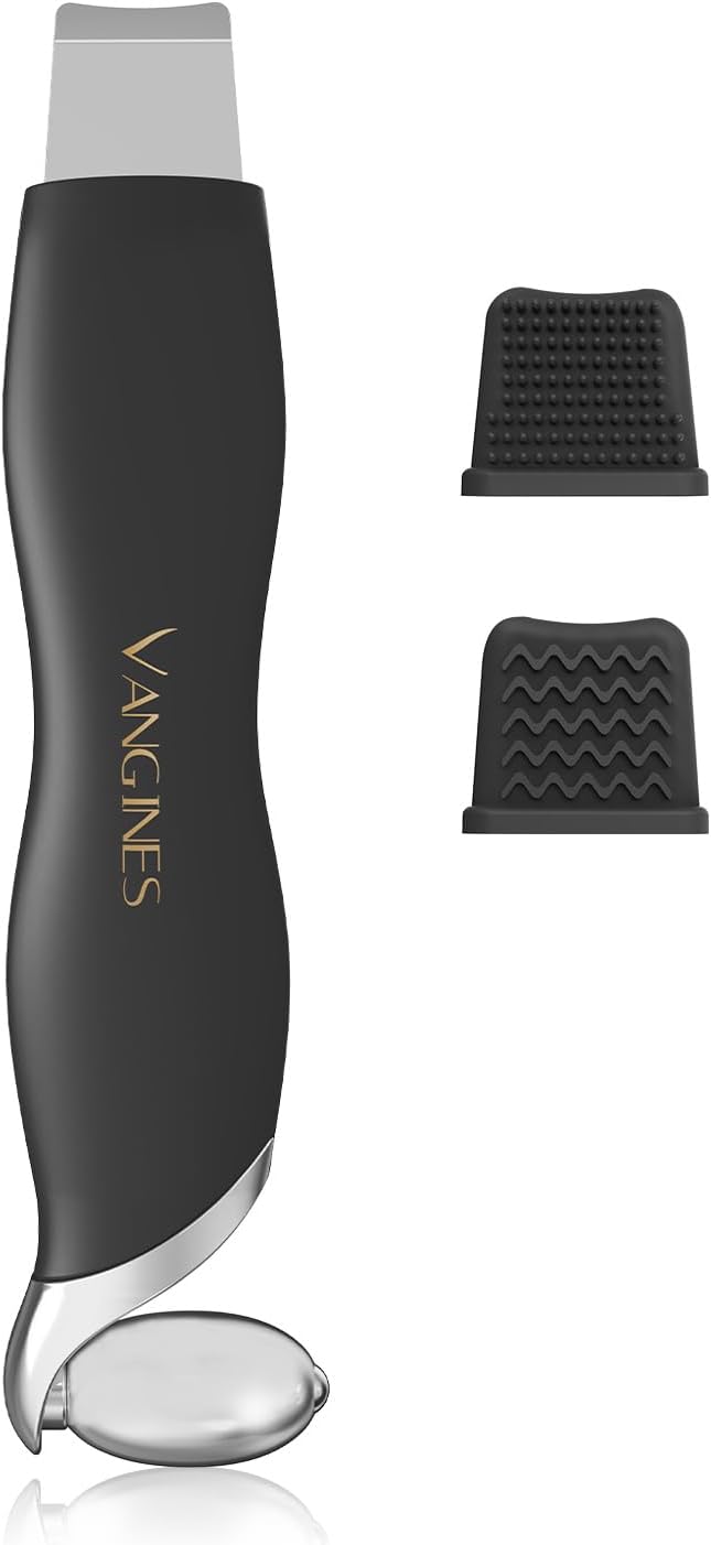 Blackhead Scraper Tool & Skin Scrubber Face Spatula for Blackhead Removal, Pore Cleaning, with Cooling Ice Roller & 2 Silicone Brush Heads (Charcoal Black)