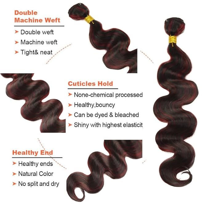 99j Bundles Human Hair Burgundy Body Wave Bundle Mixed Length 3 Bundles 26 28 30 Inch Niegmeag Brazilian Virgin Remy Hair Extensions