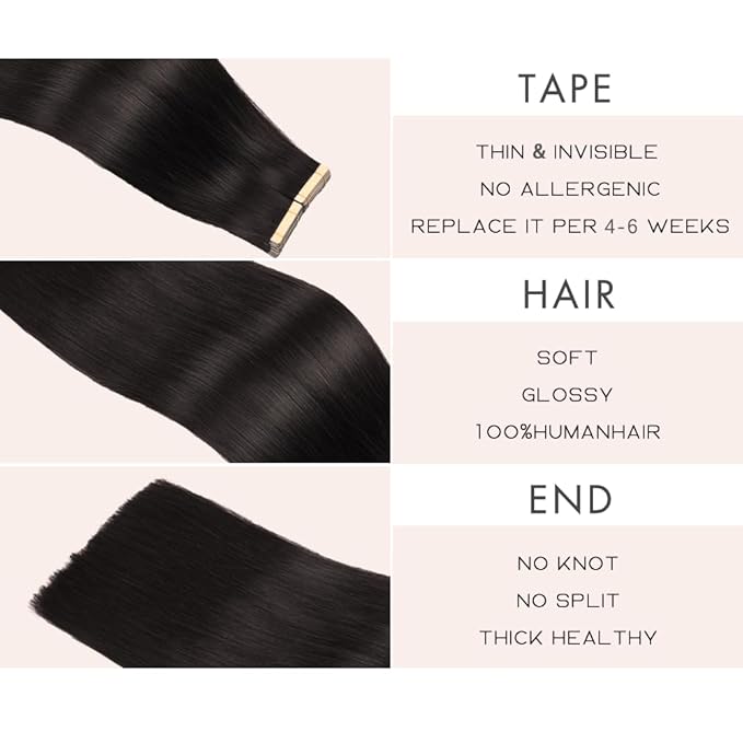Human Hair Tape in Extensions Jet Black 18 Inch 20pcs Seamless Skin Weft Tape in Hair Extensions Double Sided Remy Invisible Human Hair Straight (1#,18 Inch)