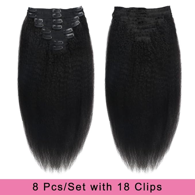 Kinky Straight Human Hair Clip in Extensions 120g Full Head Clip ins for Women 100% Unprocessed Brazilian Virgin Human Hair Yaki Straight Clip ins Remy Hair Natural Black 8Pcs 18Clips 24inch