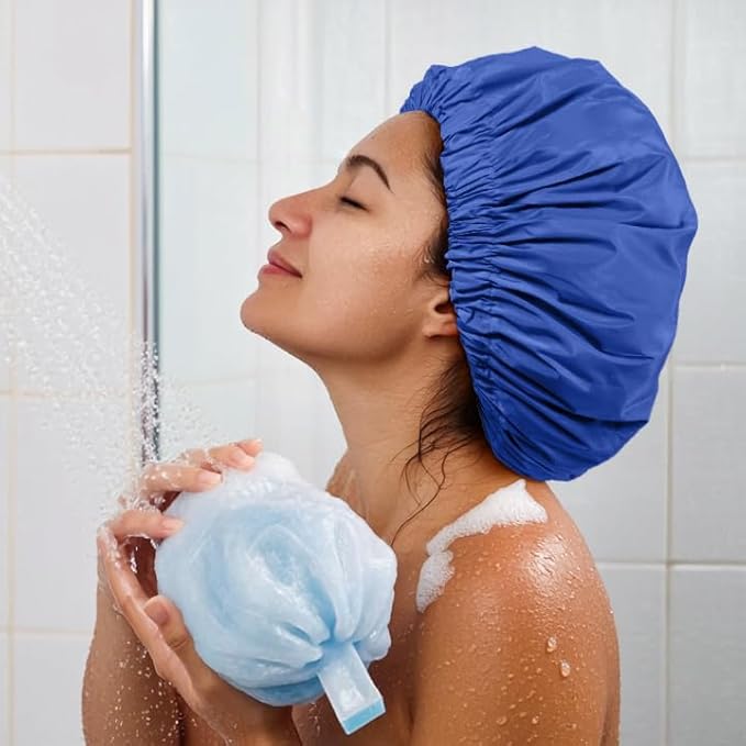 Reusable Shower Cap for Women, Large Waterproof Shower Essentials Bonnet Washable Elastic Band Bath Hair Wrap Hat for Long Hair, Braids(Dark Blue)