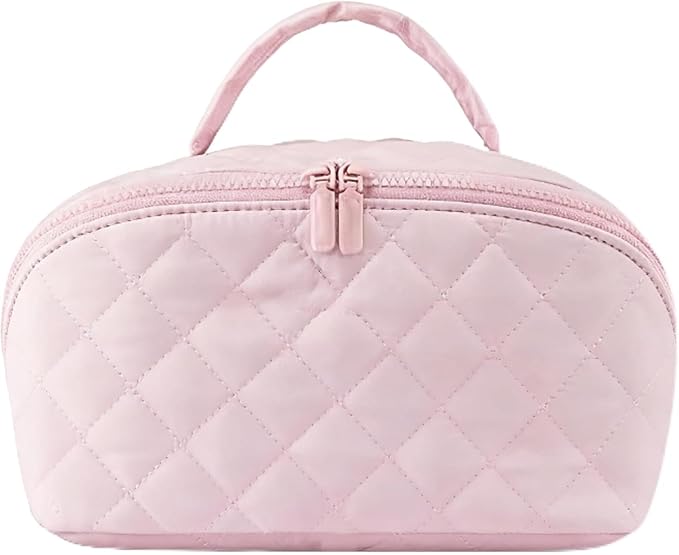 Petition Travel Makeup Bag for Woman,Festivalment Lay Flat Makeup Bag, Wide Open Water-Resistant Cosmetic Case,Puffy Padded Organizer for Toiletries & Brushes Large Capacity with Compartments (pink)