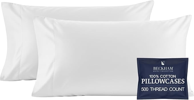 Beckham Hotel Collection 100% Cotton Pillow Cases King Size Set of 2, 500TC, Luxury Sateen Pillowcases, Open End, Breathable, Moisture-Wicking, White