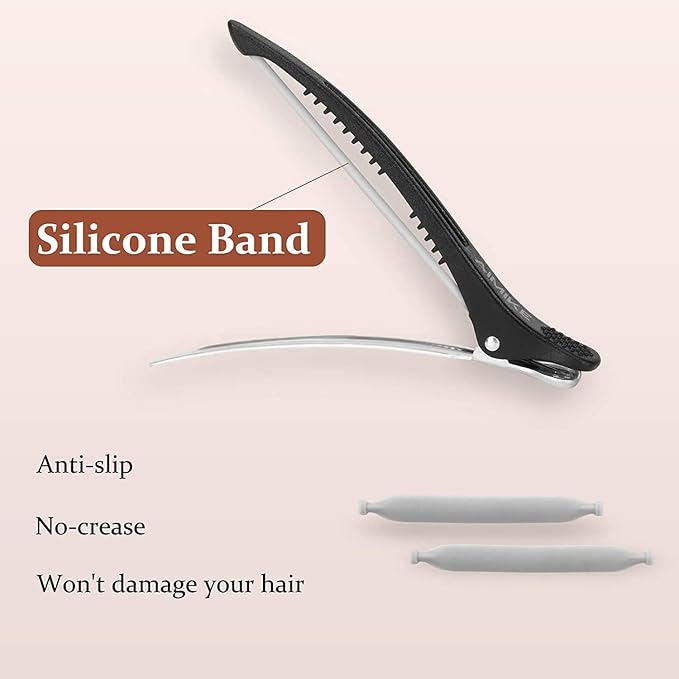 AIMIKE 12pcs Professional Hair Clips for Styling Sectioning, Non Slip No-Trace Duck Billed Hair Clips with Silicone Band, Salon and Home Hair Cutting Clips for Hairdresser, Women, Men -Black 4.3” Long