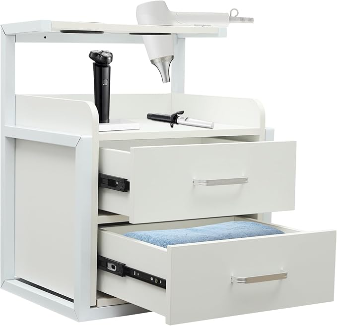 Suspended Salon Station for Hair Stylist, Wall Mounted Styling Salon Station Storage Cabinet w/2*Drawers &Hair Dryer Stand,Floating Nightstand Stylist Storage Cabinet for Home (Sliver+White)