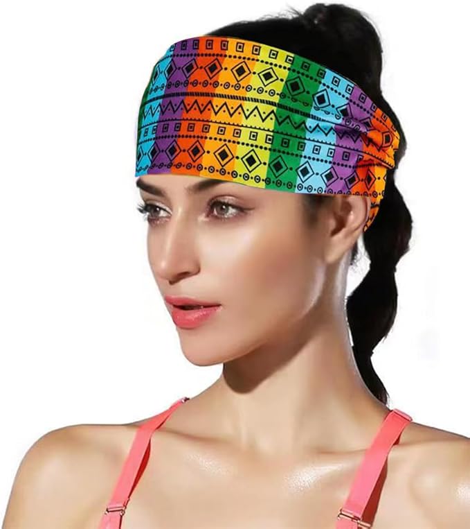 Rainbow Headband for Women Non Slip Elastic Sweat Hairbands Fashion Sports Hair Bands Soft Cloth Fabric Stretchy Headband for Running Workout Yoga