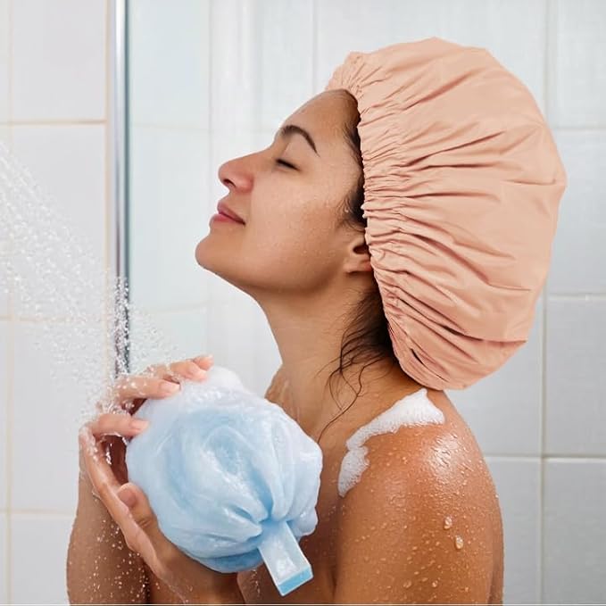 Reusable Shower Cap for Women, Large Waterproof Shower Bonnet Washable Elastic Band Bath Accessories Hair Hat for Long Hair, Braids(Beige)