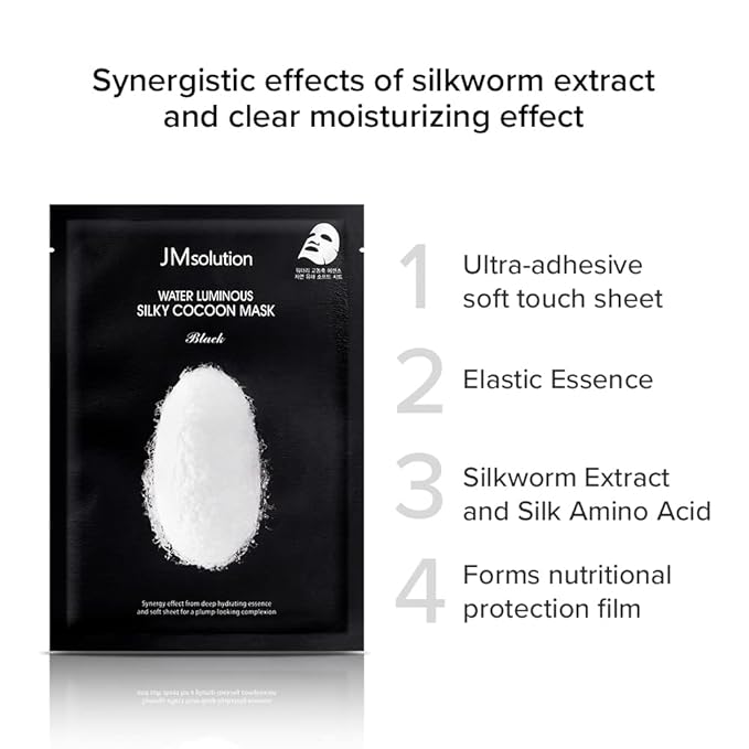 JMsolution Water Luminuous Silky Cocoon Black Mask - Korean Skincare Facial Mask - Silkworm extract amino acid -Nutrition and Moisturization Synergy - 10 sheets for a sensitive skin