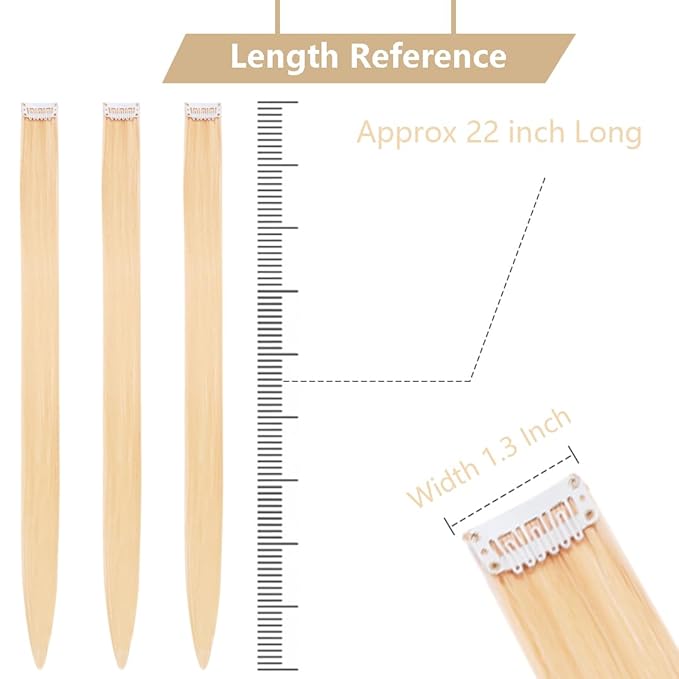 Blonde Hair Extensions Clip in for Kids Girls, 10 Pieces 22 Inch Long Straight Colored Streak Synthetic Accessories Hairpiece Clip ins, Play Party Highlights