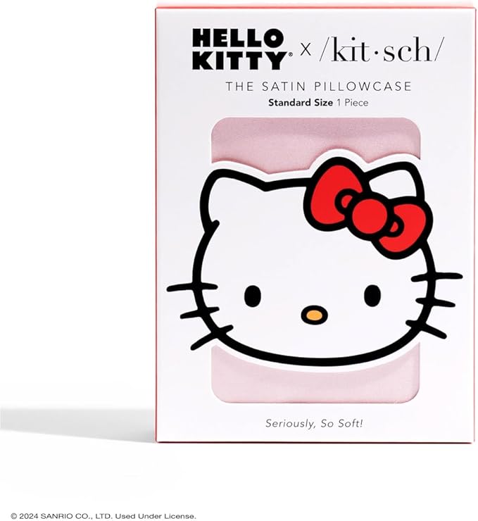 Kitsch x Hello Kitty Pillow Case – Solid Pink Kitty Face Toddler Bed Time Satin Pillowcase with Zipper – Soft Cooling Pillow Cover for Hair & Skin – Better Than Silk Pillowcase – Queen/Standard 19x26