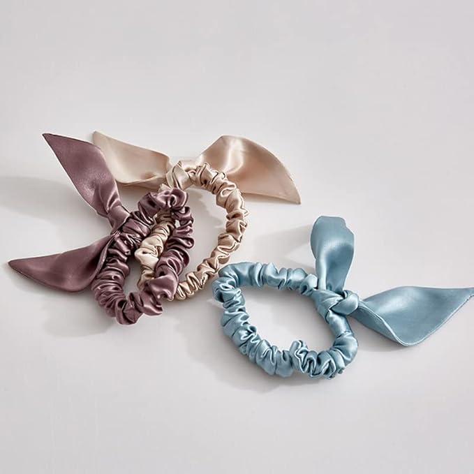 THXSILK Hair Silk Scrunchies with Bow for Women Pure Mulberry Silk Hair Cute Ring Ties Scrunchies for Girls Women's Thick Hair, Charcoal, 2.8"