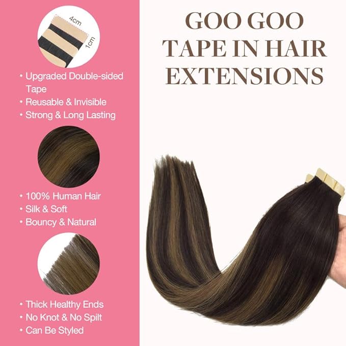 GOO GOO Tape in Hair Extensions Human Hair, 2/6/2 Balayage Dark Brown to Chestnut Brown, 18inch 100g 40pcs, Skin Weft Seamless Invisible, Silky Straight with Thick Ends, Remy Human Hair