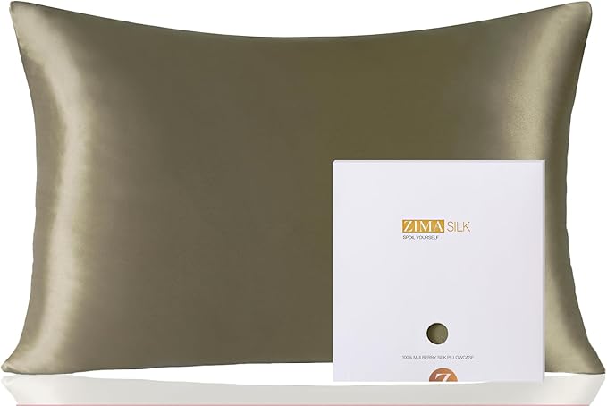 ZIMASILK 100% Pure Mulberry Silk Pillowcase for Hair and Skin Health,Soft and Smooth,Both Sides Premium Grade 6A Silk,600 Thread Count,with Hidden Zipper,1pc(Standard 20''x26'',Olive Grey)