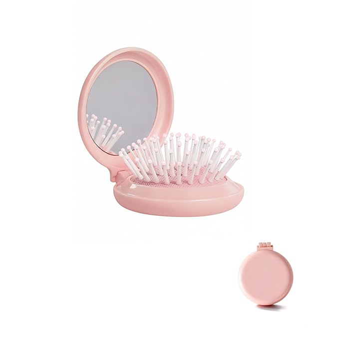 Folding Hair Brush with Compact Mirror, 2-in-1 Mini Hairbrush for Travel - Foldable Portable Pocket-Sized, Detangling Brush with Soft Nylon Bristles for Purse, Backpack, Women & Girls on The Go