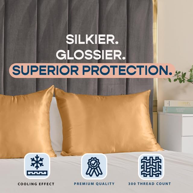 BLISSFORD Satin Pillowcase with Zipper, for Hair and Skin Care, Feels Soft and Cool Like a Silk Pillowcase, Gold Satin Pillow Cases 2 Pack, Slik Pillow Cover, King Size - Set of 2