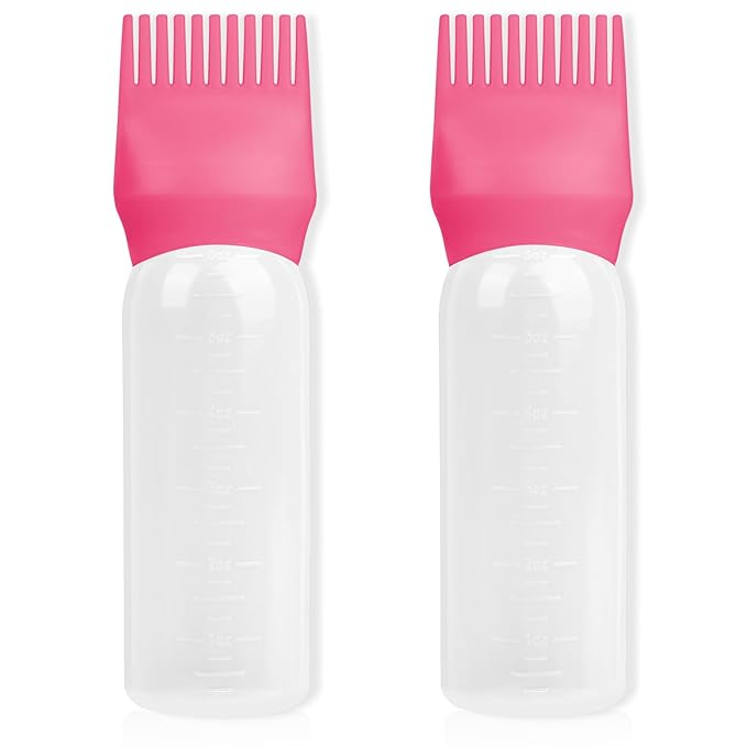 BLAAROOM Root Comb Applicator Bottle 6 Ounce, 2 Pack Hair Oil Applicator with Root Comb Brush - Dark Pink