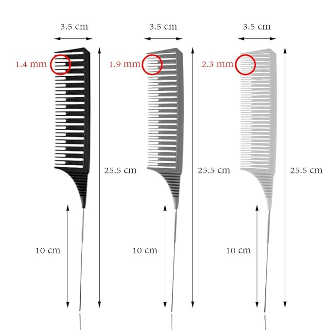 SKYPIA 3 Piece Professional Dyeing Hair Comb Set with Long Stainless Steel Rat Tail Combs for Hair Stylists, Weaving Styling Brush Set (Black & Grey)