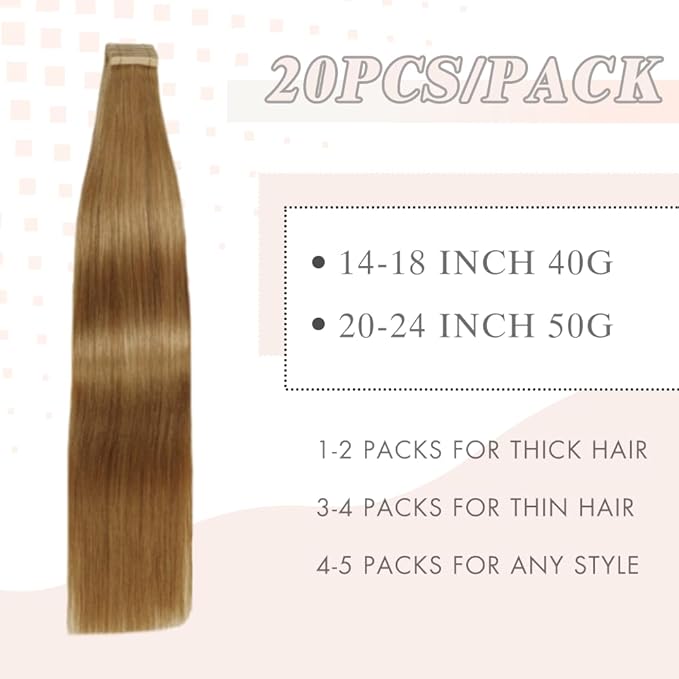 Tape in Hair Extensions Real Human Hair 24 Inch Honey Blonde Double Sided Tape for Skin Weft Hair Extension Invisible Tape in Hair Extensions Straight Remy Human Hair for Women 20pcs (27#,24 Inch)