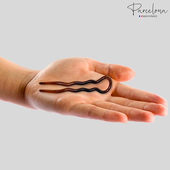 Parcelona French Sleek Brown Tortoise Shell Large 3 1/2" Celluloid Made in France Set of 3 Wavy Crink U Shaped Chignon Hair Pins Updo Bun Pin Sticks for Women and Girls