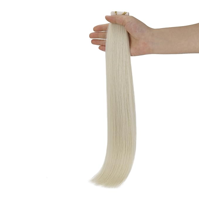 Full Shine Blonde Virgin Injected Tape in Hair Extensions 5Pcs Color 1000 Ice Blonde Seamless Skin Weft Machine Remy Tape in Extensions 24 Inch Hair Extensions Real Human Hair 12.5 Gram for Women