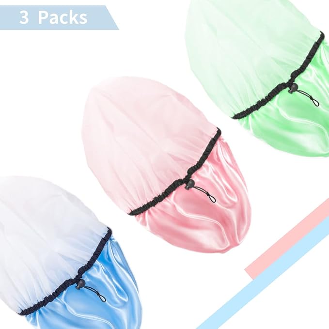 Auban Shower Cap for Women, Adjustable Reusable, Extra Large, Double-Layer Waterproof Bathing cap, Waterproof Exterior, EVA Lining, Hair Cap for All Hair Lengths, 3 Colors