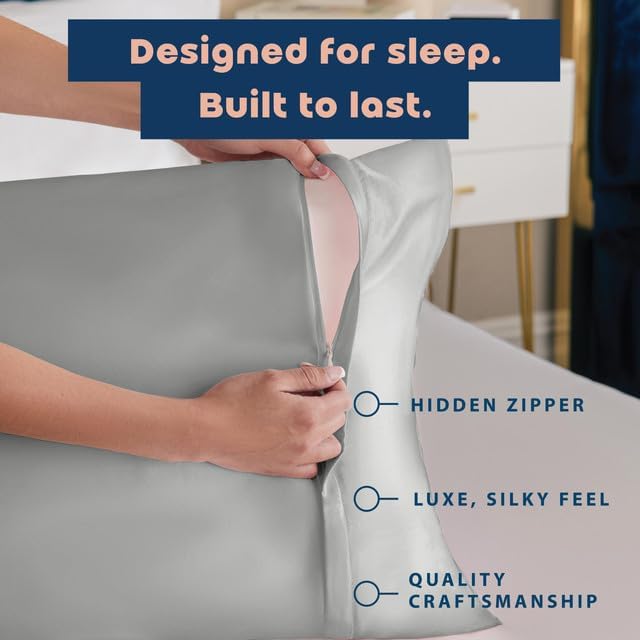 BLISSFORD Satin Pillowcase with Zipper, for Hair and Skin Care, Feels Soft and Cool Like a Silk Pillowcase, Satin Pillow Cases 2 Pack, Slik Pillow Cover, Grey - Standard Size - Set of 2
