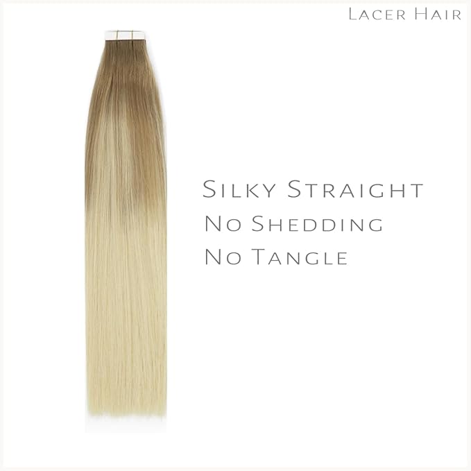 Lacer Hair Extensions Real Human Hair Tape in Balayage Light Brown to Platinum Blonde Real Virgin Tape in Hair Extensions Human Hair PU Skin Weft Double Side 50g 20pcs/set 20 Inches