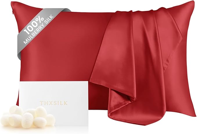 THXSILK 100% Pure Mulberry Silk Pillowcase for Hair and Skin, Highest 6A+ Grade Silk Pillow Case Standard Size, Real Silk Pillowcase with Zipper (Red, Standard Size 20"x26")
