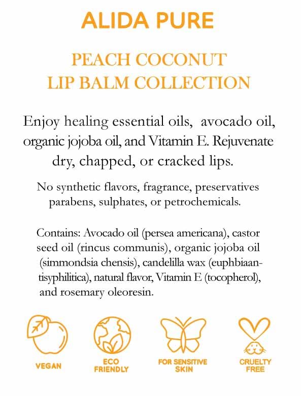 Peach Coconut Lip Balm Collection, Vegan Lip Balm Set, Lip Balm, Beeswax Free, with Avocado Oil, Organic Jojoba Oil, and Vitamin E, Natural Moisturizer for Dry, Chapped Lips, 3 Tube Set
