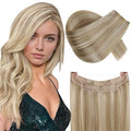 RUNATURE Wire Hair Extensions Real Human Hair, Fish Line Hair Extensions, Invisible Blonde Human Hairpieces, Add Volume, 12 Inch 70g #16P22 Dark Ash Blonde Highlight Light Blonde