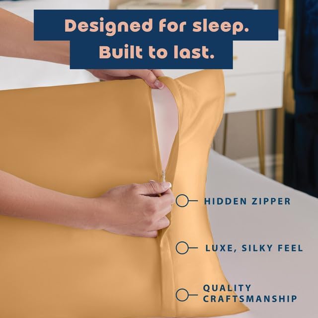 BLISSFORD Satin Pillowcase with Zipper, for Hair and Skin Care, Feels Soft and Cool Like a Silk Pillowcase, Gold Satin Pillow Cases 2 Pack, Slik Pillow Cover, Queen Size - Set of 2