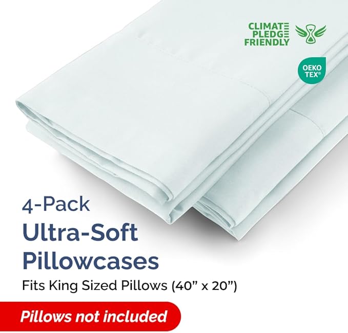 King Pillow Cases - 4 Pack - Super Soft Pillowcase Covers - Envelope Enclosure - Hotel Quality Pillow Protectors - Wrinkle Free, Shrink and Stain Resistant - Machine Washable - 20" x 40" (Ice Blue)