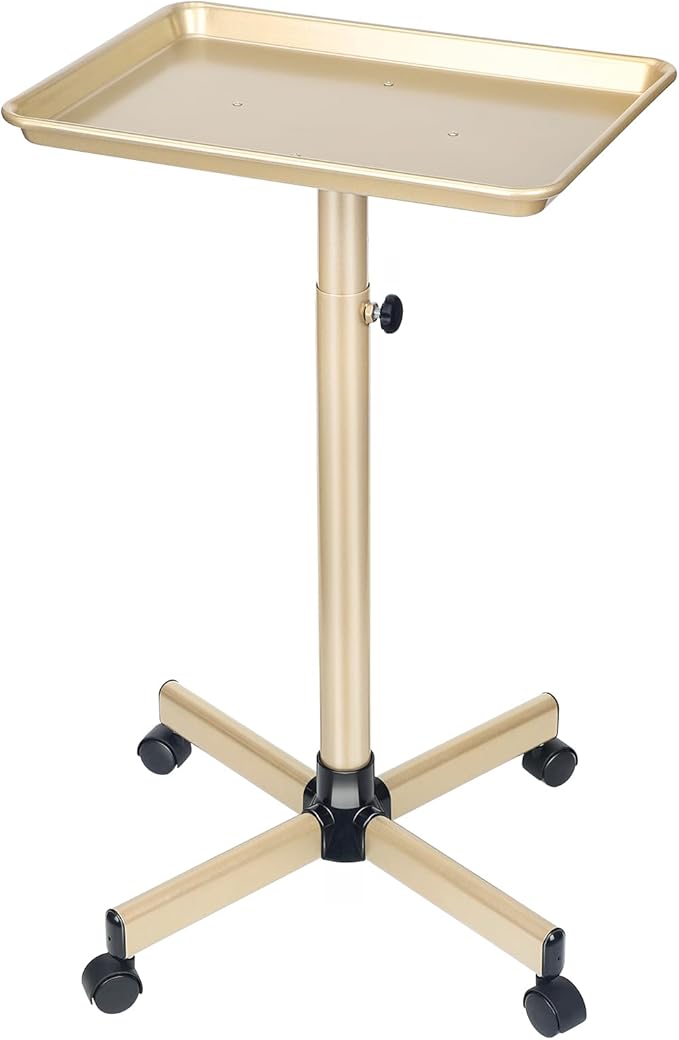 Salon Tray on Wheels, Champagne Gold Salon Service Tray Cart with Adjustable Height,Ideal Use As Salon Tattoo Tray&Medical Tray,No-Rusting