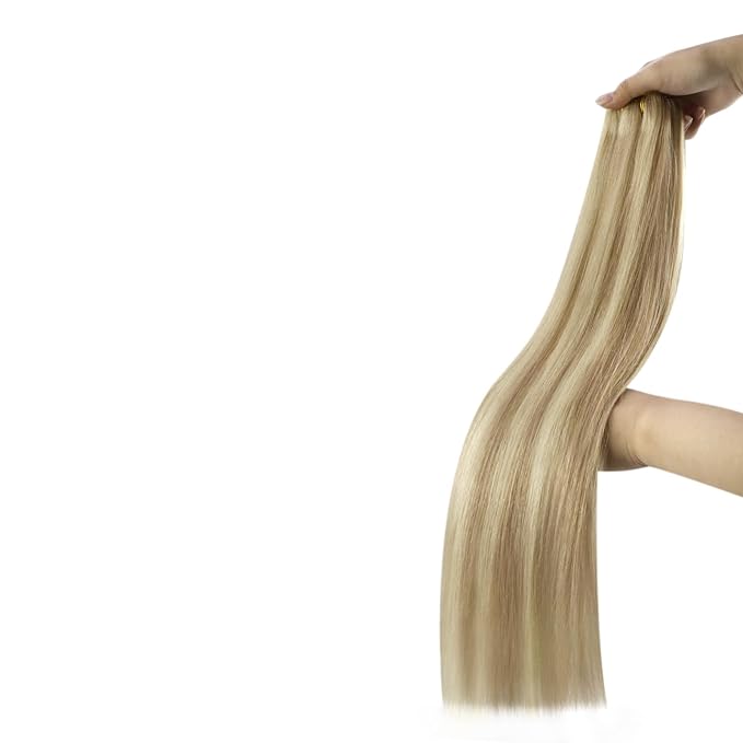 YoungSee 100G Weft Hair Extensions Human Hair Short Hair Weft Extensions Golden Blonde Highlighted Light Blonde Sew in Hair Extensions Real Human Hair for Short Hair 14Inch