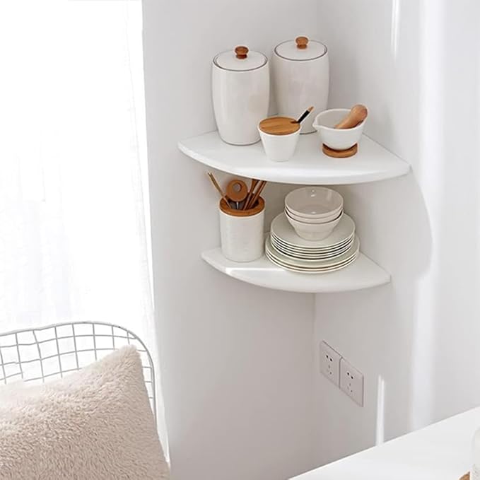 Corner Wall Shelves, White Floating Corner Shelf, Set of 2 16inch Solid Oak Wood Shelves, Round End Wall Mount Display Shelf with Wire Hole for Small Plant for Bedroom Kitchen, Living Room